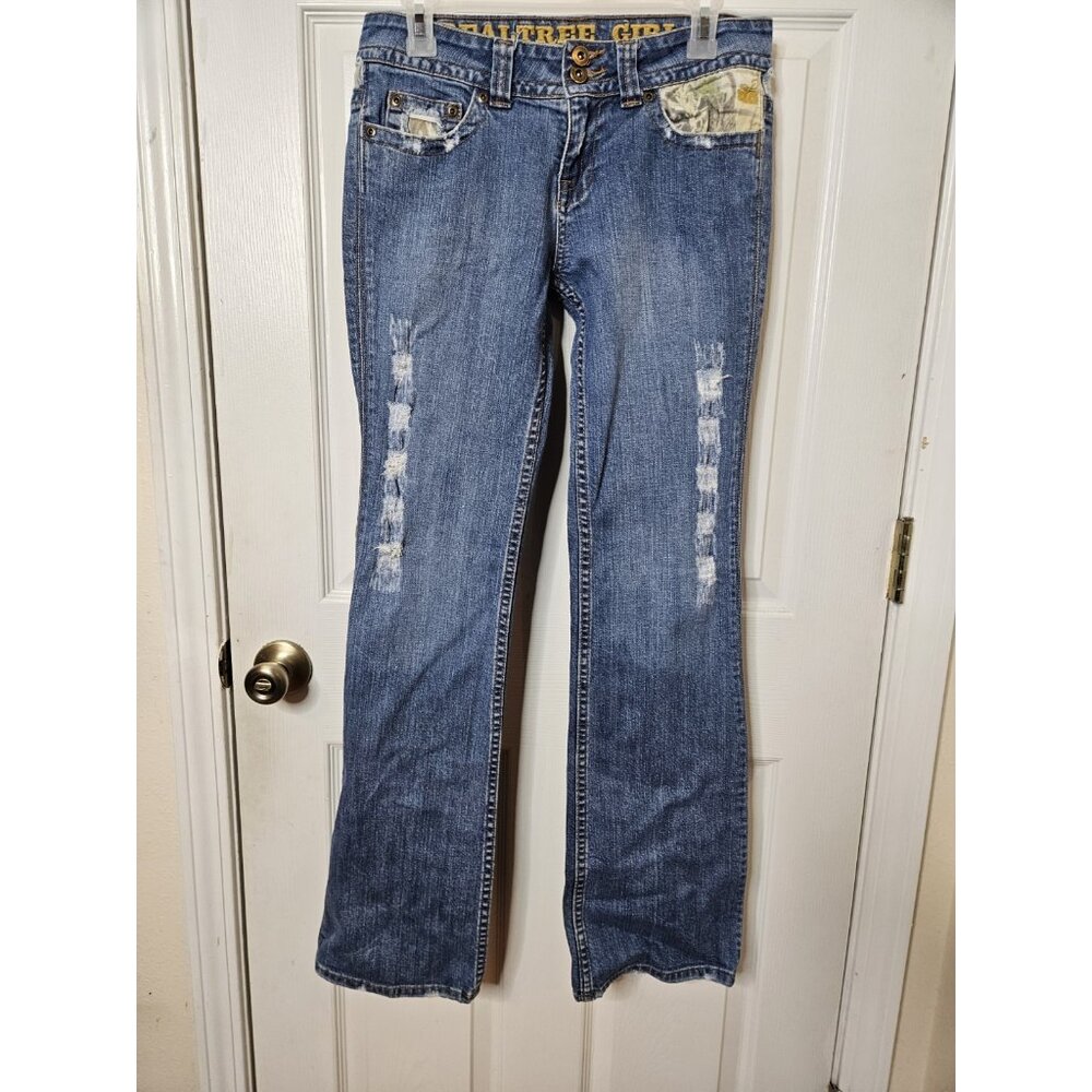 Realtree Girl Jeans Womens 6x28 Blue Bootcut Distressed Camo Pocket Frayed